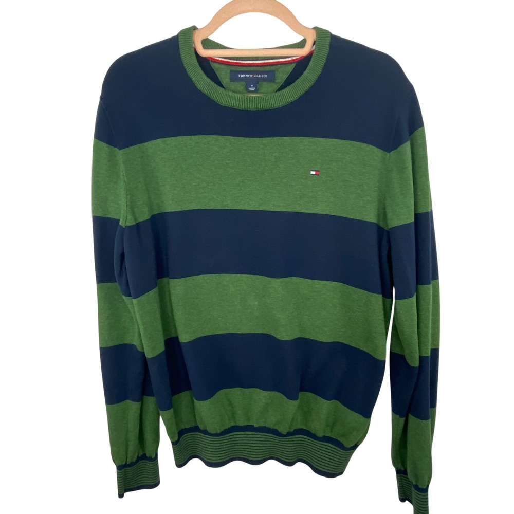 TOMMY HILFIGER Sweater Mens Sz M Green Navy Striped Crewneck Preppy Rugby Irish‎